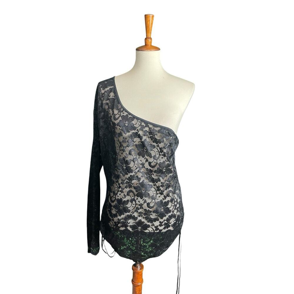 Fantasy Lingerie Black Lace Top Women Size 1X One Shoulder Long Sleeve Sheer